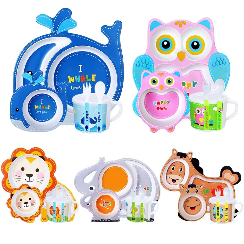 

Hot selling Cartoon Animals Bamboo Fiber Safe children's tableware set baby Tableware Sets High Quality tableware children, Yellow,blue,green