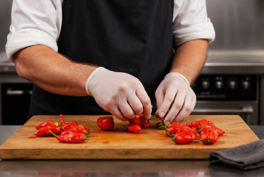 Chef carefully handling Carolina Reaper peppers with protective gloves while preparing hot sauce