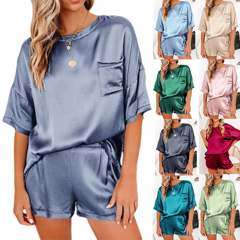 

Pure color round neck nightwear pyjamas short sleeve satin silk womens pajama sets 2 piece