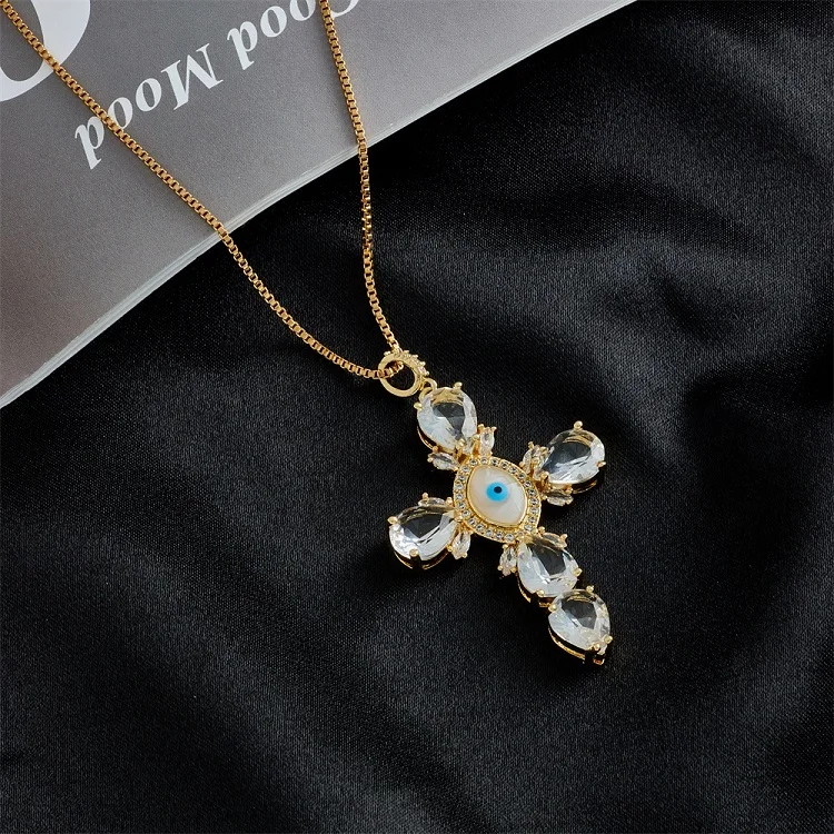 

Hot Selling Religion 18K Gold Plated Zircon Epoxy Evil Eye Cross Pendant Christian Necklace