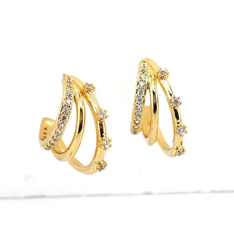 

EC1609 2021 New Chic Dainty Gold Plated Simulated Diamond Cubic Zirconia CZ Micro Pave Tripe Studs Earrings for ladies women