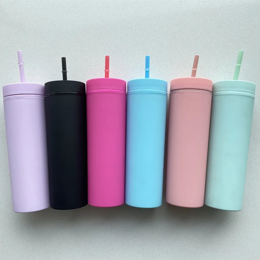 

Wholesale BPA Free Acrylic Water Bottle Cup Matte Reusable Skinny Tumbler 16oz Double Wall Plastic Tumblers With Straw, Pink,purple,green,blue