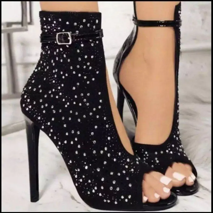 

Gem embellished hollow out women shoes thin heels fish mouth lady pumps ankle strap buckle autumn female sandals in black