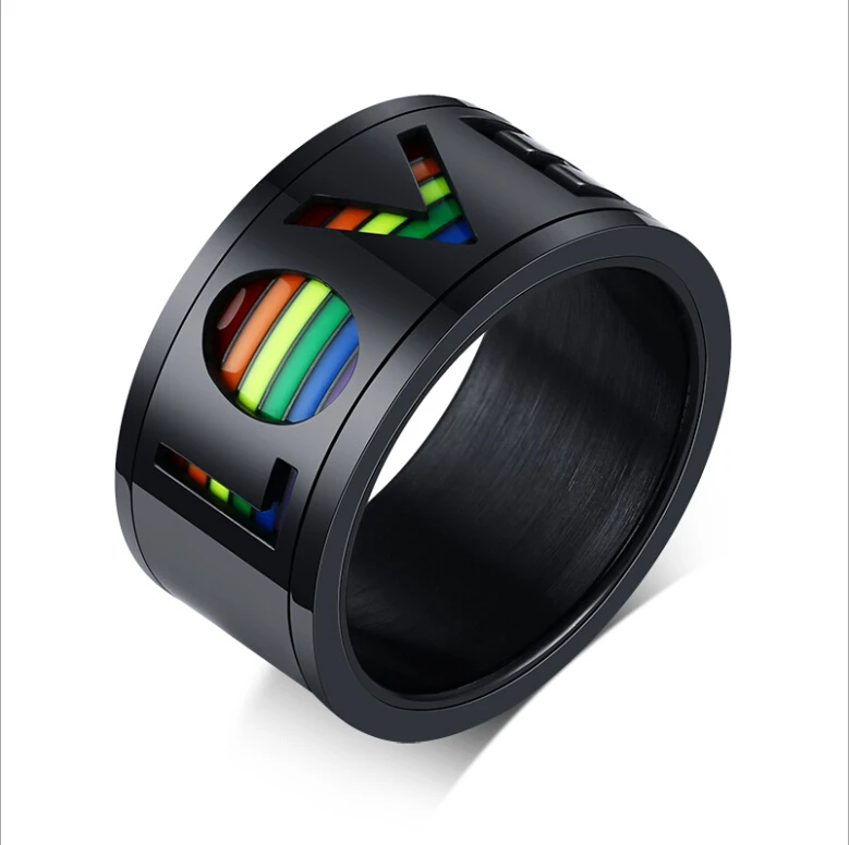 

Stainless Steel Enamel Rainbow LGBT Pride Ring For Lesbian Gay Wedding Engagement Bands 10mm Men Gifts, Photo