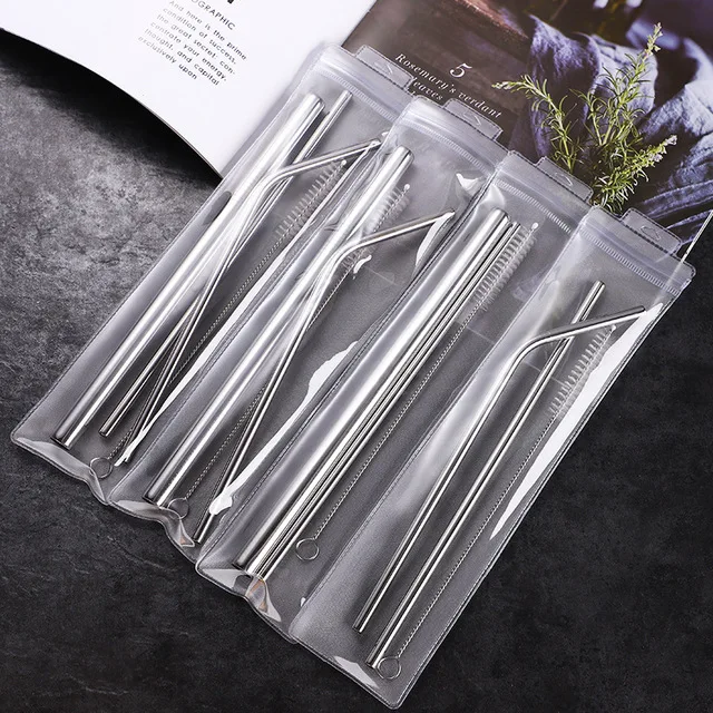 

Drinking Reusable Metal Boba Portable Stainless Steel Straw Set, Silver