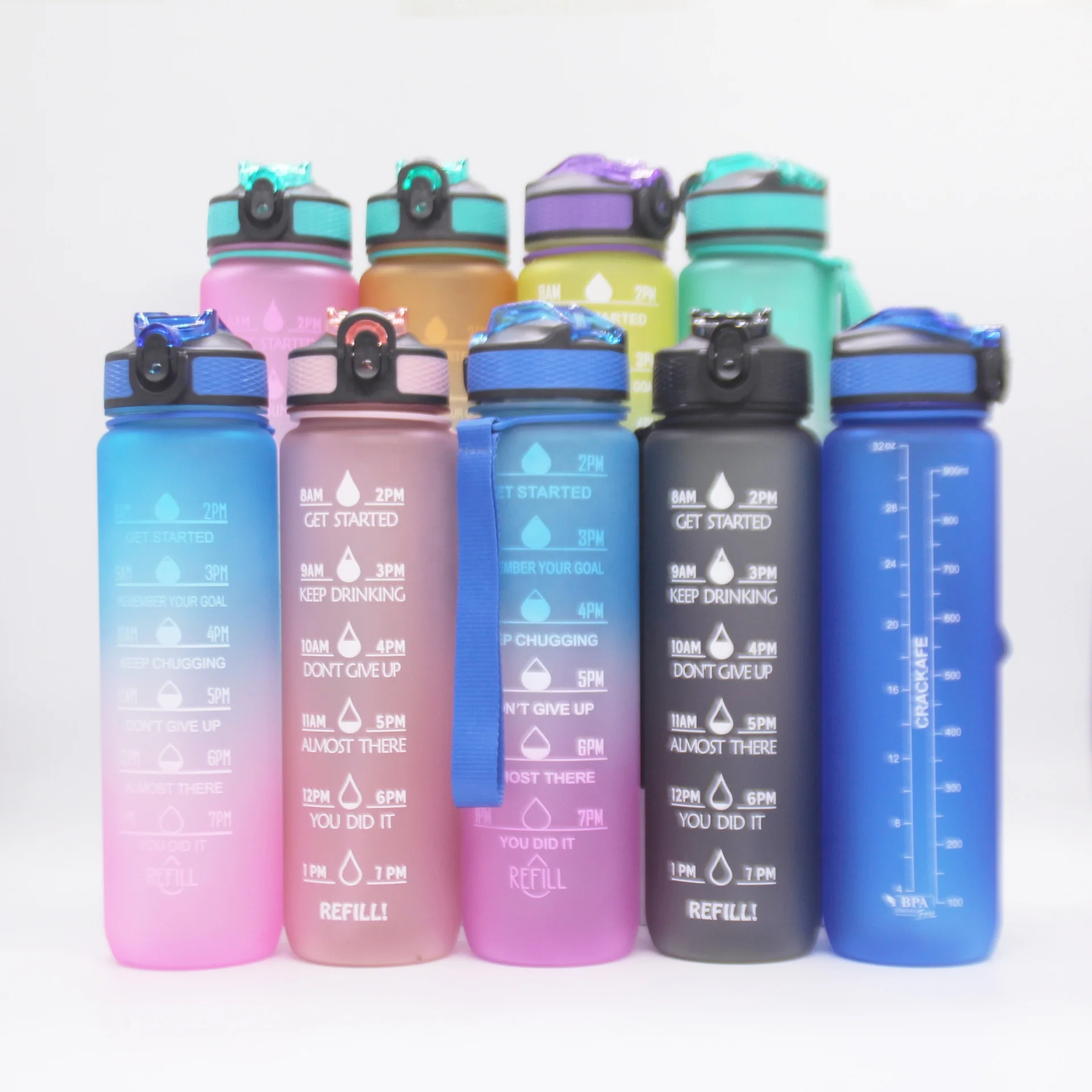

Gradient Frosted PLastic Straw Gym 1L Matte Sport Water Bottle With Time Marker