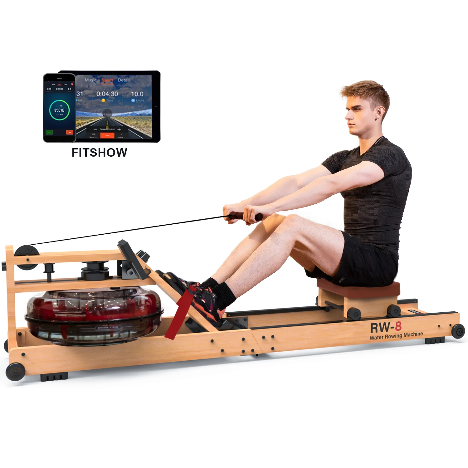 

snode RW-08 water foldable rowing machine imported beech wood PVC bucket noiseless track smooth factory direct sales, Wood color