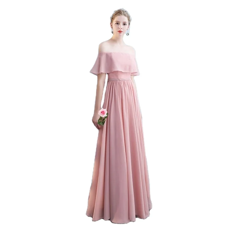 

2021 Spring Chiffon Off Shoulder Pink Backless Evening Dinner Vestidos Dama De Honor Long Loose Plus Size Bridesmaid Dresses