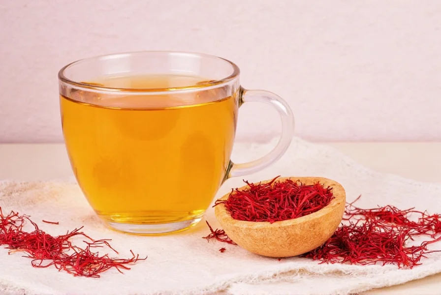Step-by-step saffron tea preparation showing thread measurement, water temperature, and steeping time