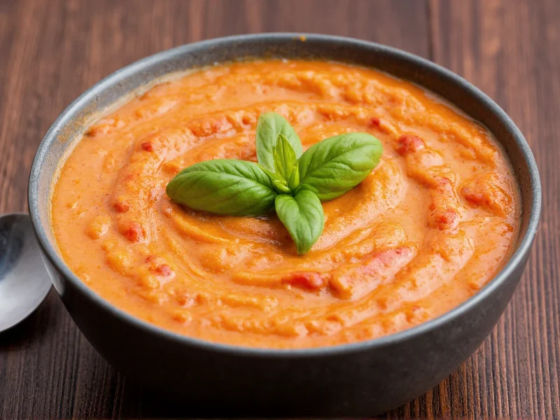 Tomato paste swirled into creamy soup with fresh basil