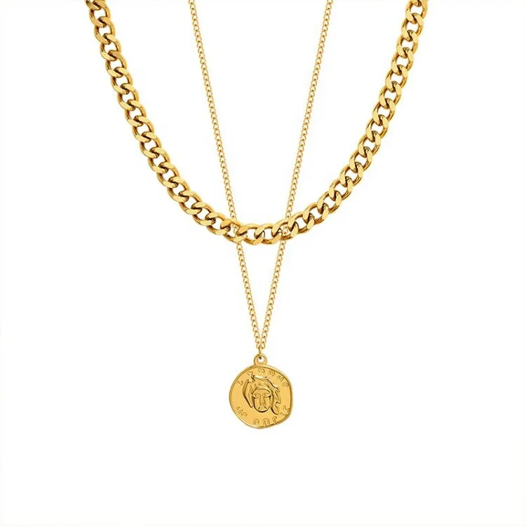 

Retro Head Irregular Round Brand Pendant Double Layered Wear Necklace Titanium Steel Jewelry, Customized color