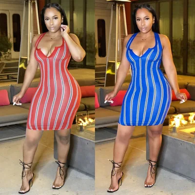 

CL-120 Women Clothing Pure Color Sleeveless Lady Dresses Knees Red Sexy 2021 Bodycon Stripe Dress, As picture show