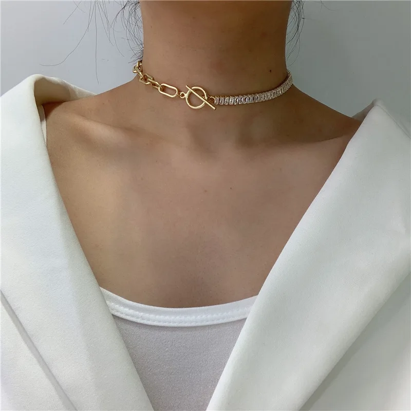 

Fashion OT Clasp Square Zircon Link Chain Necklace Ins style Gold Plated Cubic Zirconia Choker Chain Necklace For Women