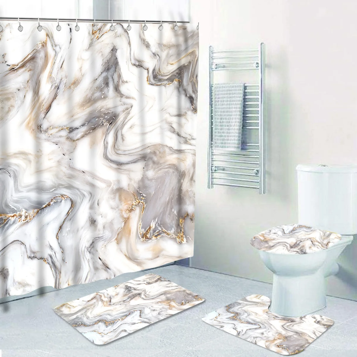 

16 pcs marble pattern bathroom sets with shower curtain and rugs Waterproof printing toilet Shower Curtain with hooks, Customized