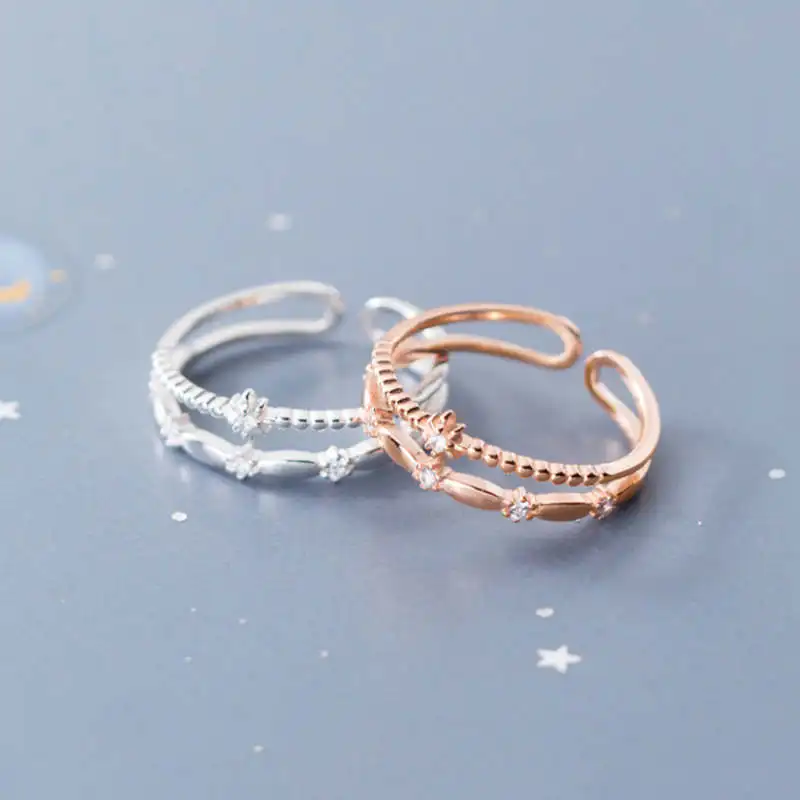 

2020 new 925 sterling silver jewellery rose gold design double layer mini star zircon crystal adjustable open rings female