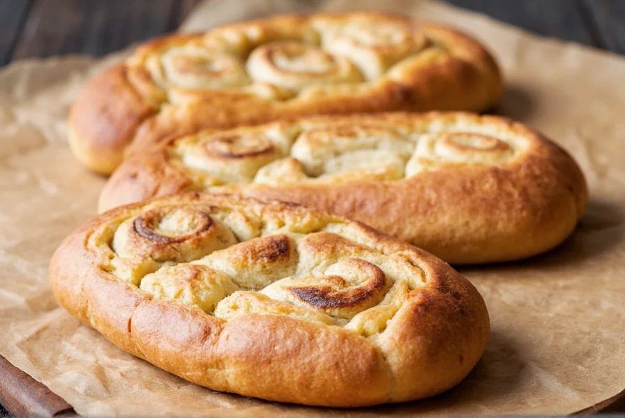 Finished cinnamon roll focaccia with visible cinnamon swirls and golden crust