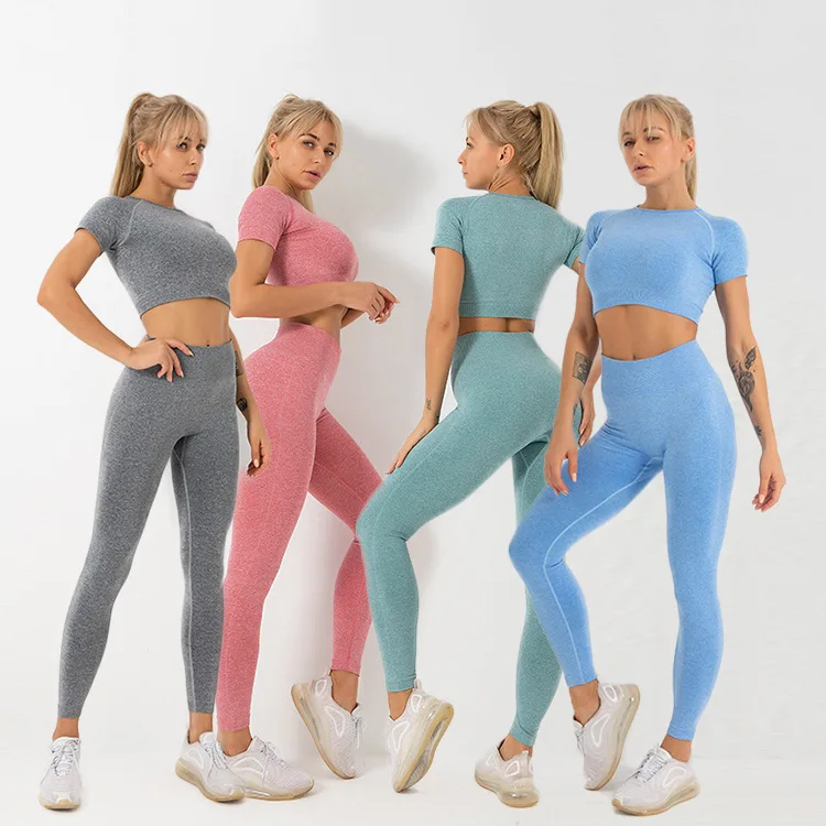 

High Quality Custom 2022 Crop Top 2 Piece Yoga Set Quick Dry Scrunch Butt Fitness Women Active Wear Seamless Workout Set, Customized colors