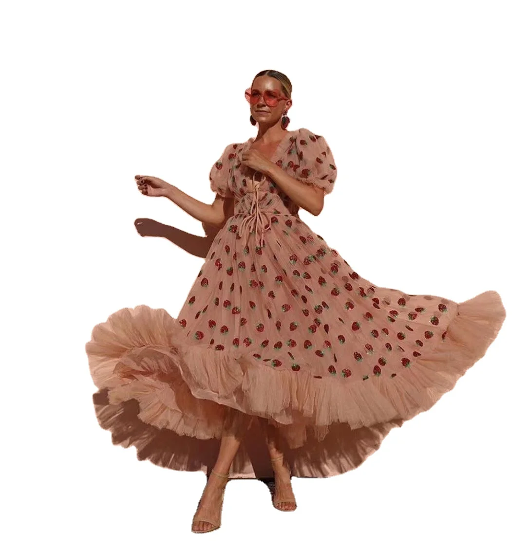 

Wholesale Women Stage Show Long Dress Vestidos Ruffled Short Sleeves V-neck Sexy Party Maxi Formal Elegant Evening Dress