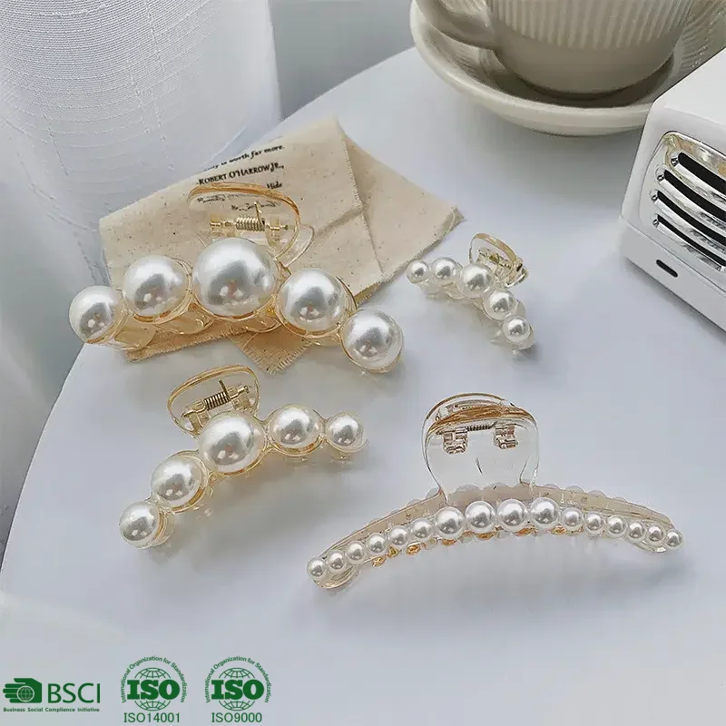 Ladies Fashion plastic Hair Claws  Large Size Barrette Crab Pearl Claw Clips For Woman