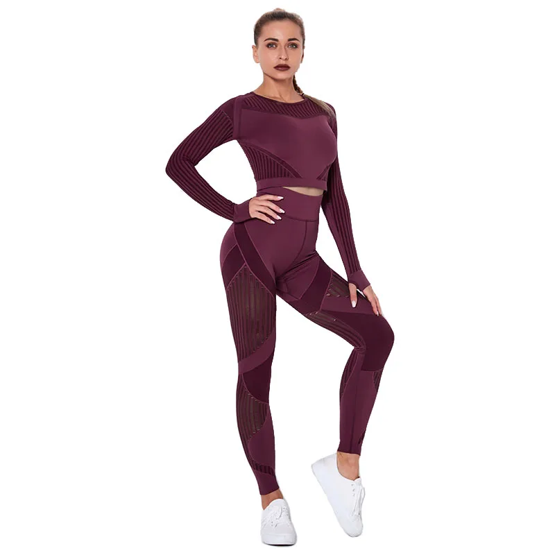 

2021 New Arrival Seamless Knitted Long Sleeve Suit Yoga Clothes Fitness Running High Waist Breathable Leggings Sports Women