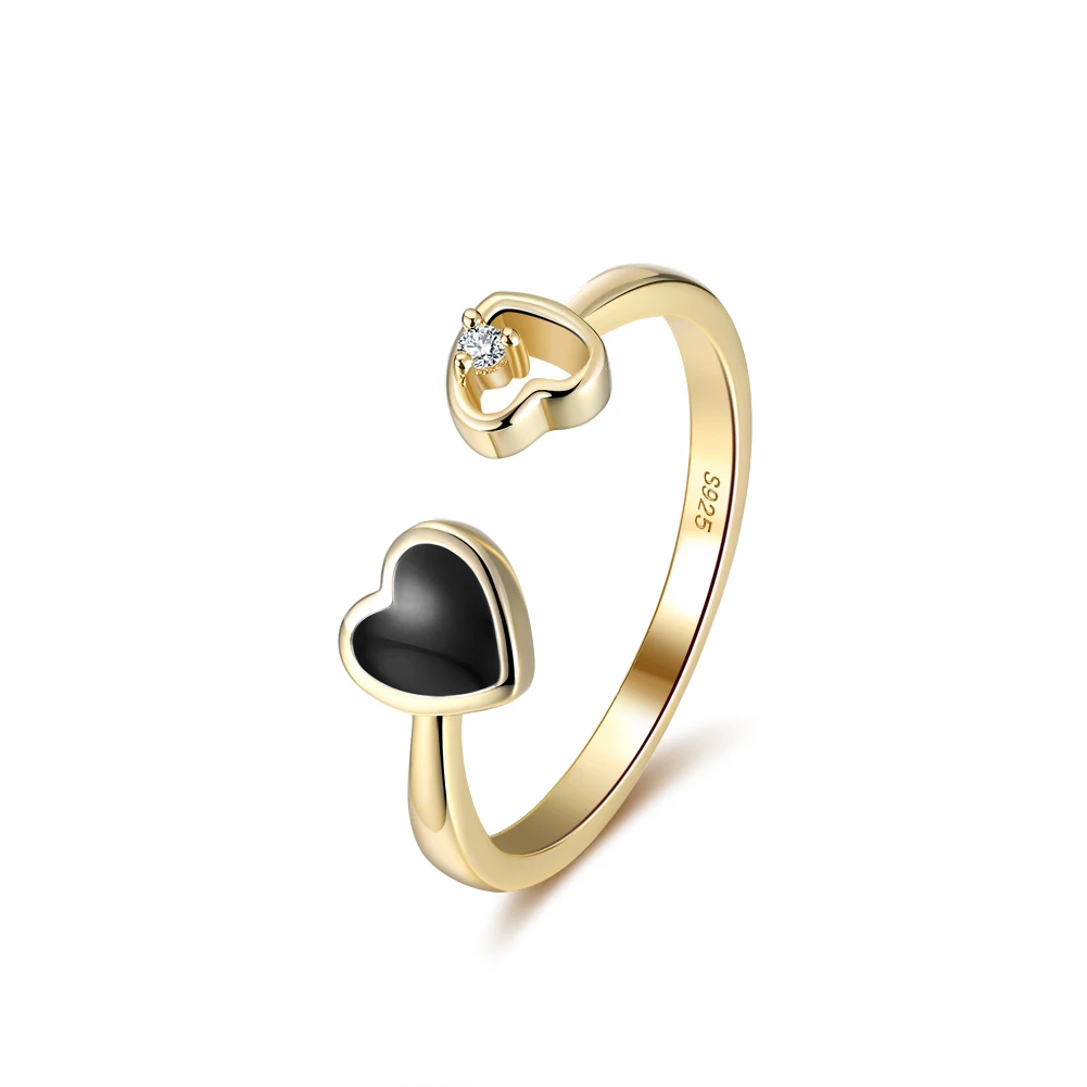 

RINNTIN EQR04 Hot Sale korean Jewelry 925 Sterling Silver Black Enamel Heart Adjustment Gold Rings, White