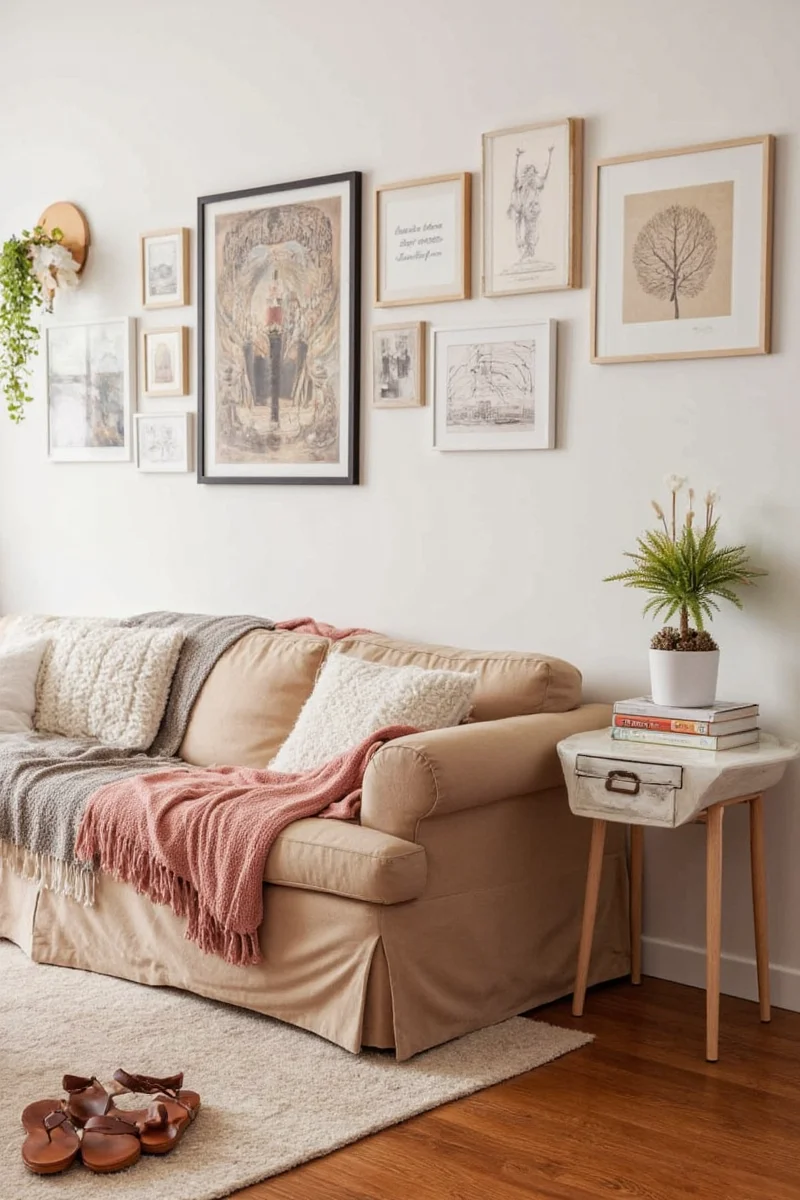 Kid friendly prayer corner with soft pillows and wall art