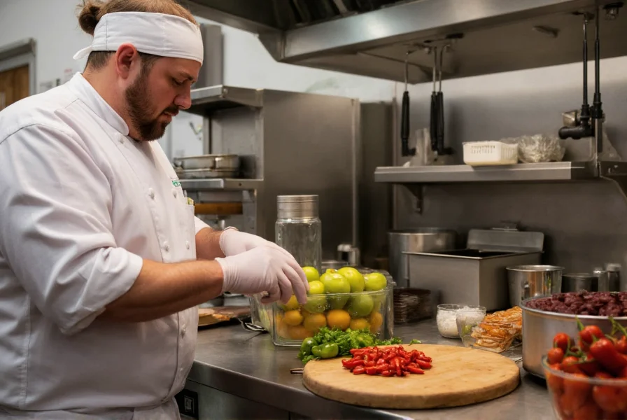 Chef wearing gloves while safely handling habanero peppers with proper ventilation in kitchen