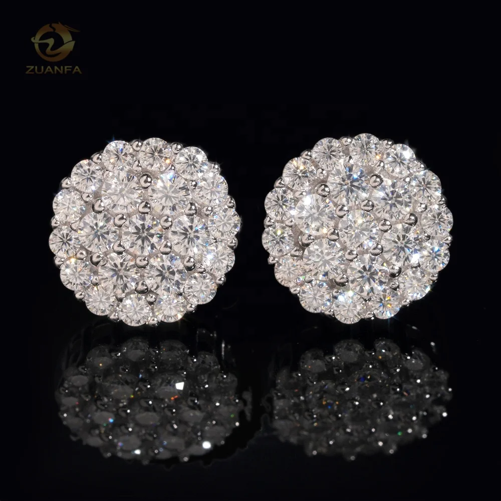 New Arrival Hip Hop Cluster Diamond Round Shape Screw Back 925 Silver Moissanite Sstud Earring