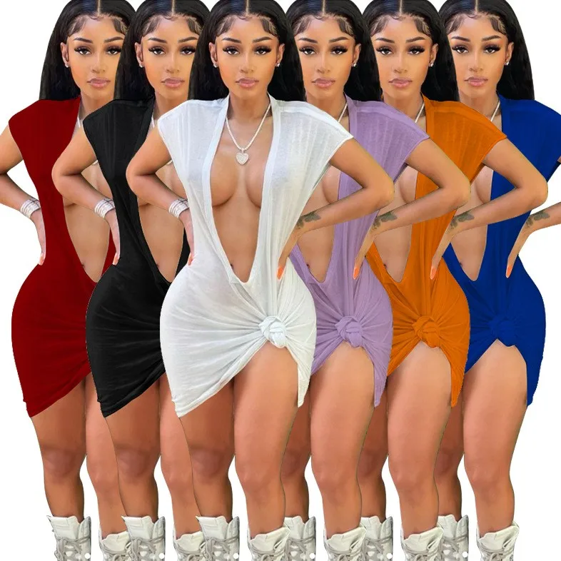 

X03116S Women New V Neck Mini Dresses Sexy Backless Cut Out Women Bodycon Midnight Clubwear Party Halter Dress 2021, White/black/orange/purple/blue/wine red