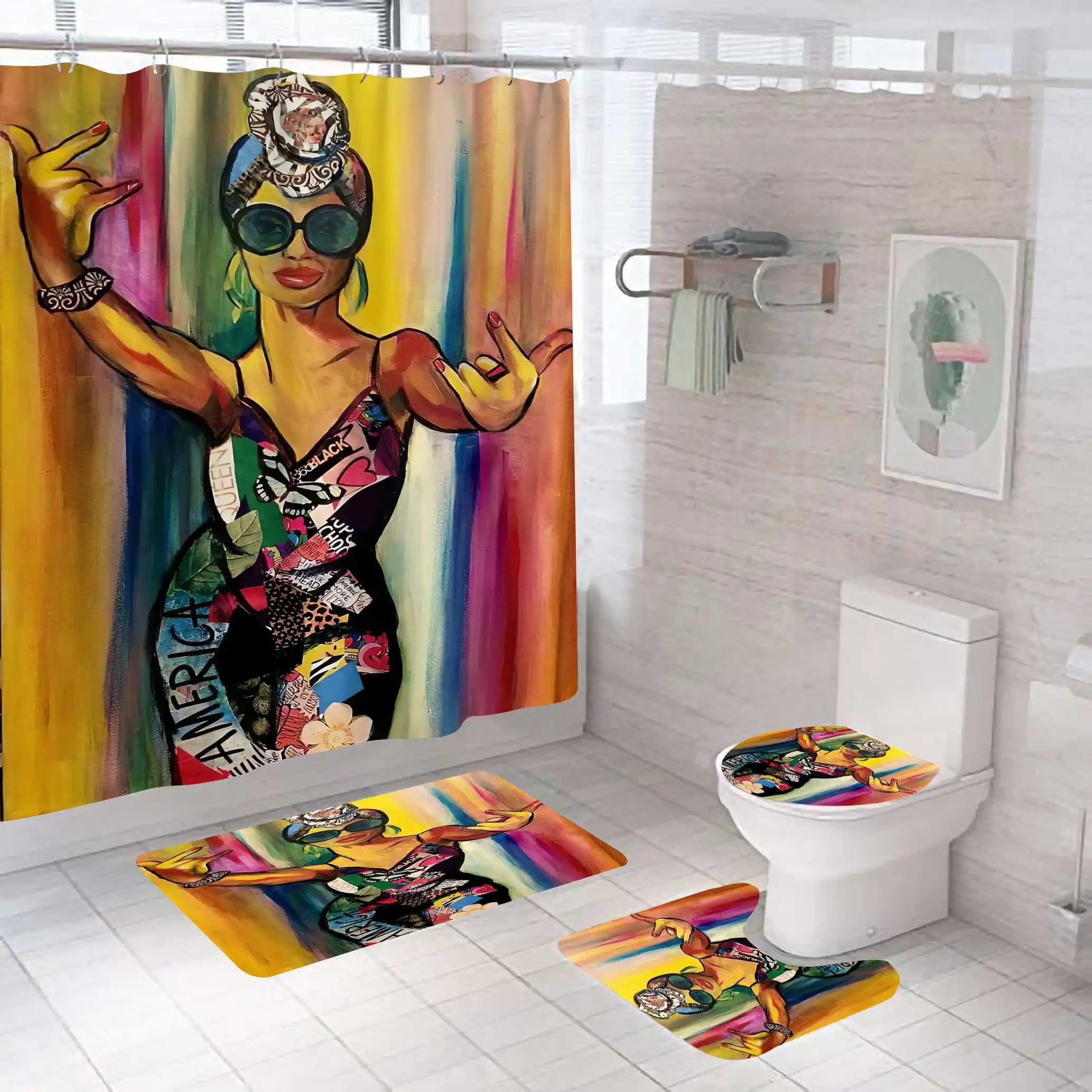 

Wholesale waterproof fashion sexy black girl african american shower curtain set