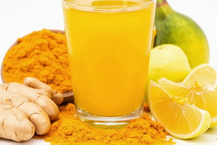 Step-by-step preparation of turmeric ginger shot showing blending, straining, and portioning