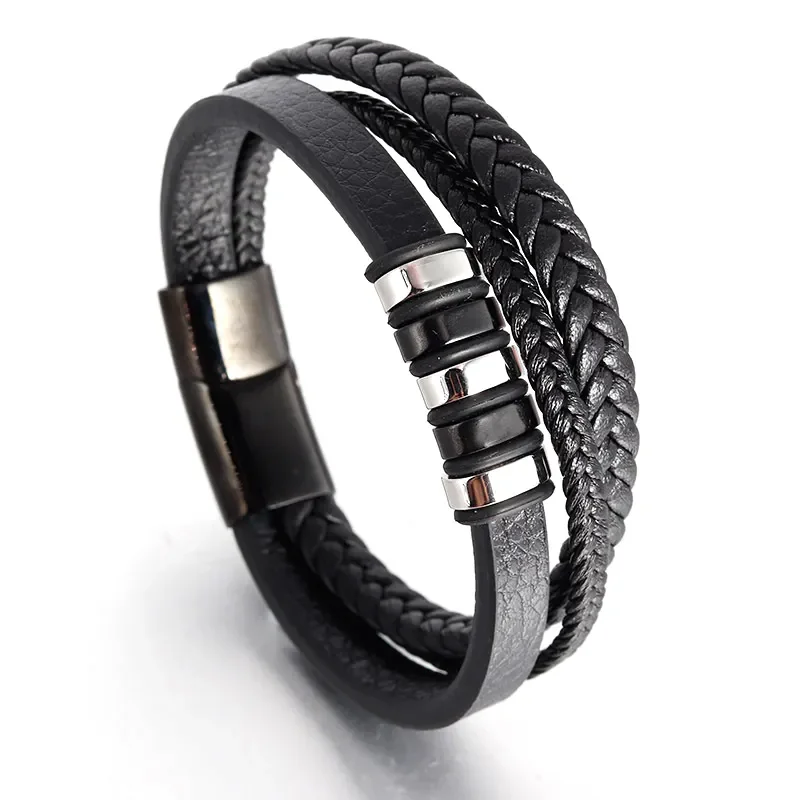 

Men's Stainless Steel Braided Multilayer Leather Bracelet Wristband Magnetic Clasp Handmade Woven Cow Leather Bangle Bracelet