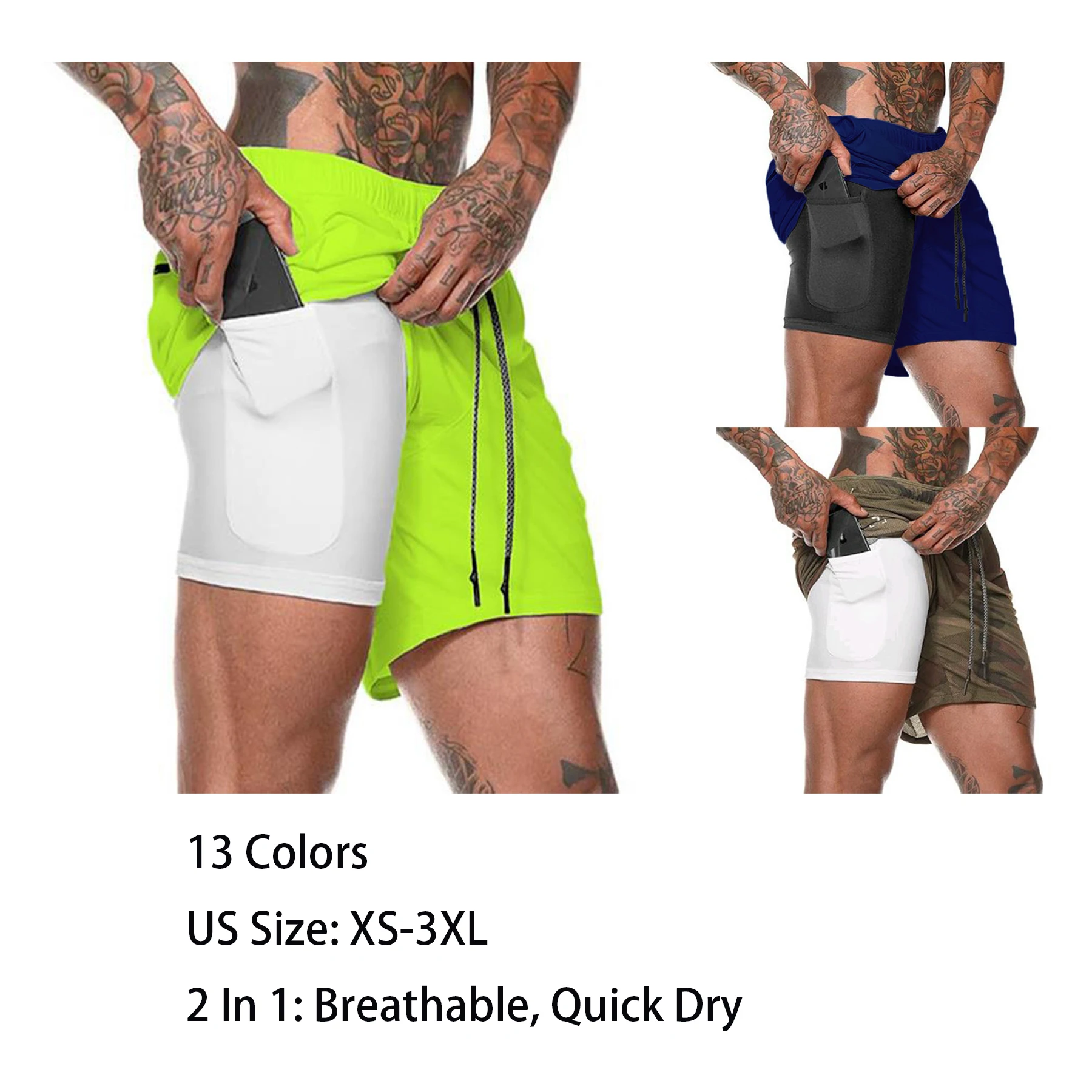 

Top Quality 2 In 1 Quick Dry Gym Shorts 5 Inch Inside Pockets Running Training Shorts Plus Size Drawstring Mens Shorts Gym, Customs color