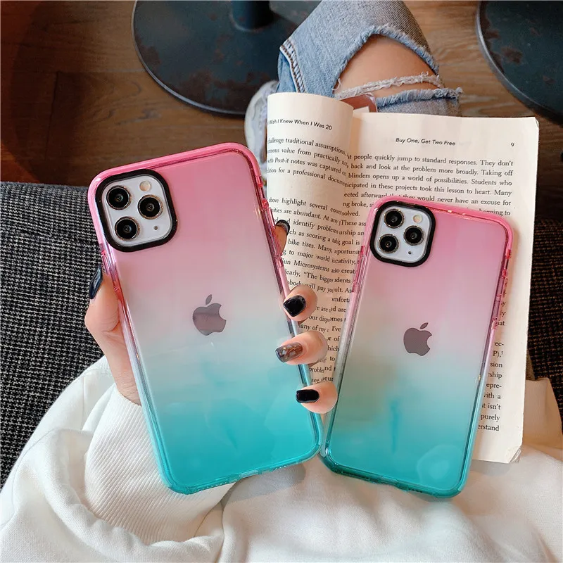 

Soft TPU TPE Bumper Rubber Frame Mobile Phone Case for iPhone 12 Pro Gradient Color Women Girls Cute Phone Cover for iPhone 11, Multi