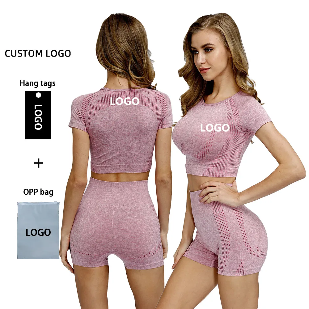 

2 Piece Vital Seamless Sport Suit Short Sleeve Fitness Crop Top High Waist Seamless Leggings Yoga Set, Printed