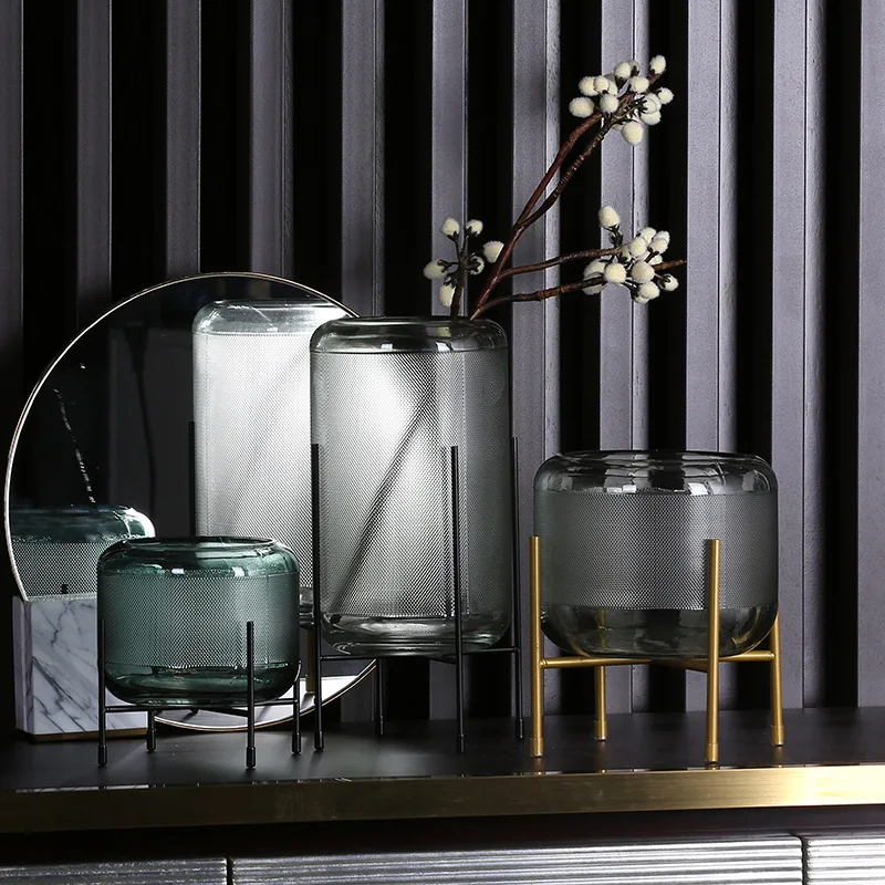 

Amazon creative compote glass furnishing piece Nordic ironwork bracket green straight tube hydroponic table glass vase
