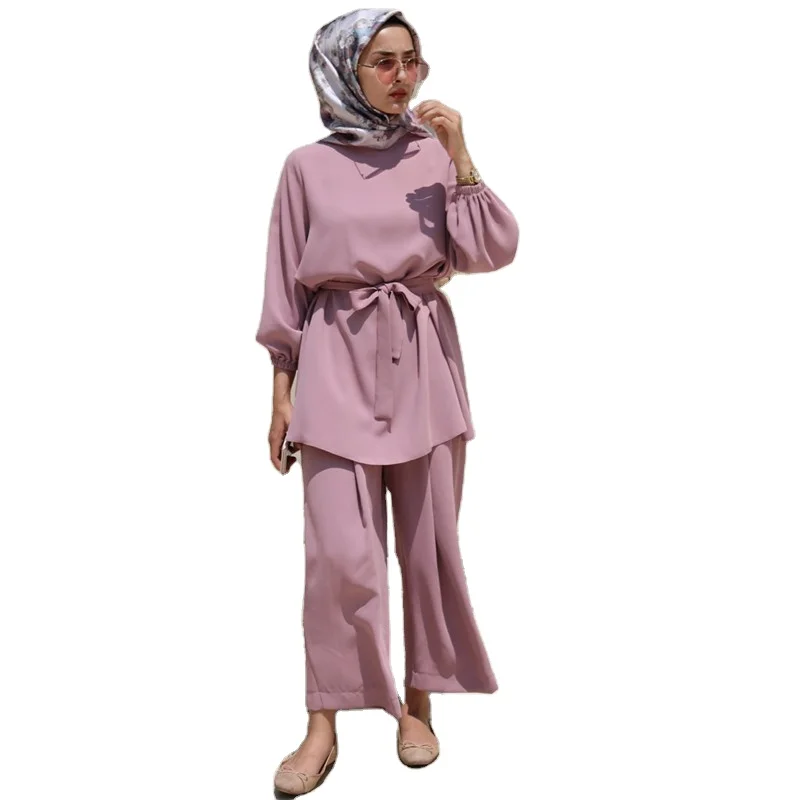 

2021 New Arrivals Spring Modest Muslim Women Sets Clothing Breathable Solid Color Long Sleeve Two Piece Set