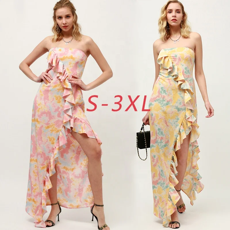 

2021 wholesale women's sexy chest wrapped with Frill split fishtail tie dyed bridesmaid dress long skirt