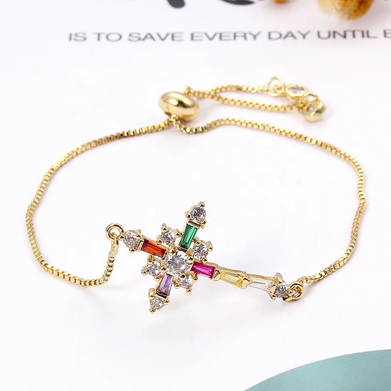 

Top quality Cross Charm bracelet colorful CZ rainbow bracelet irregular cz Chain Religious Fashion adjustable bracelet, Picture