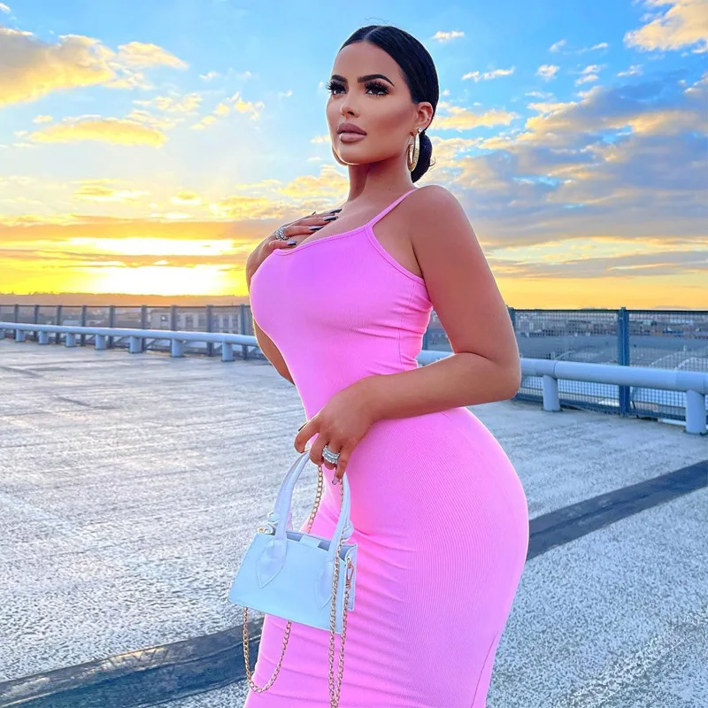 

Spring Apparel 2021 Solid Sleeveless Fitted Maxi Dress Woman Summer Long Sexy Dresses With Slit -PT, Pink