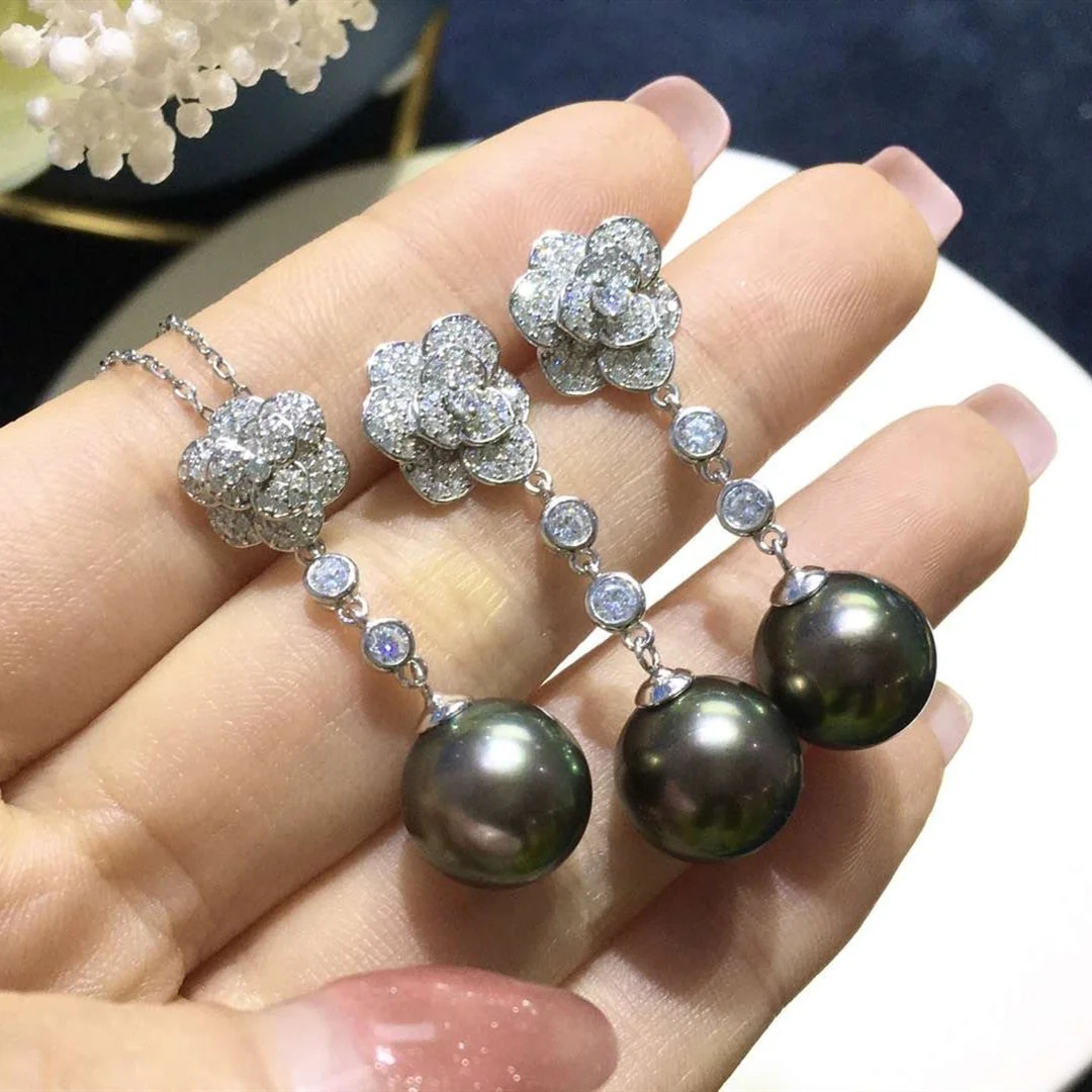 

55S 11-12mm Real Natural Black color Tahitian Pearl 925 Sterling Silver with Gold Plated pendant earring set style for gift