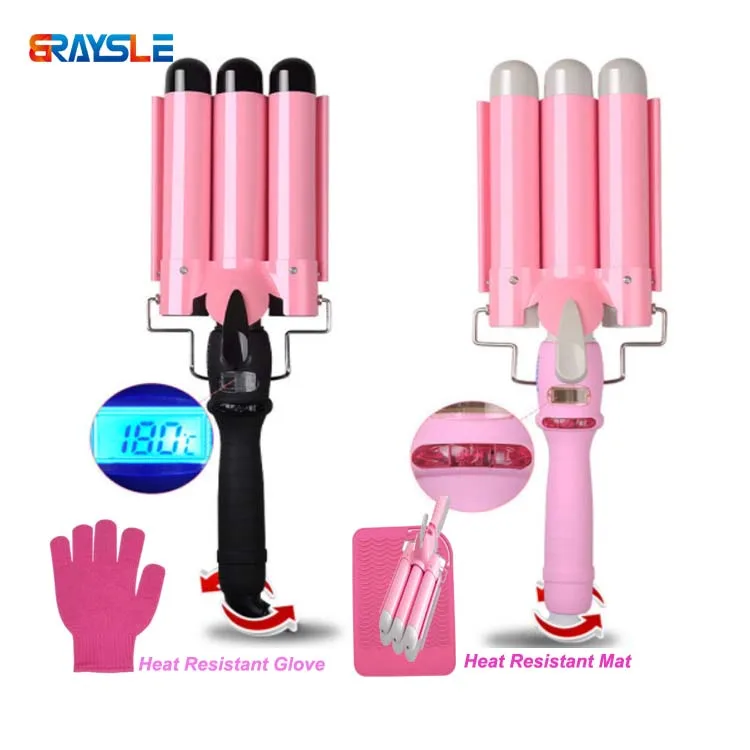 

Braysle Three 3 Barrel Hair Curling Iron Wand Hair Crimper with LCD Temp Display Curler Heat resistant Mat 32MM pink, Black/ pink