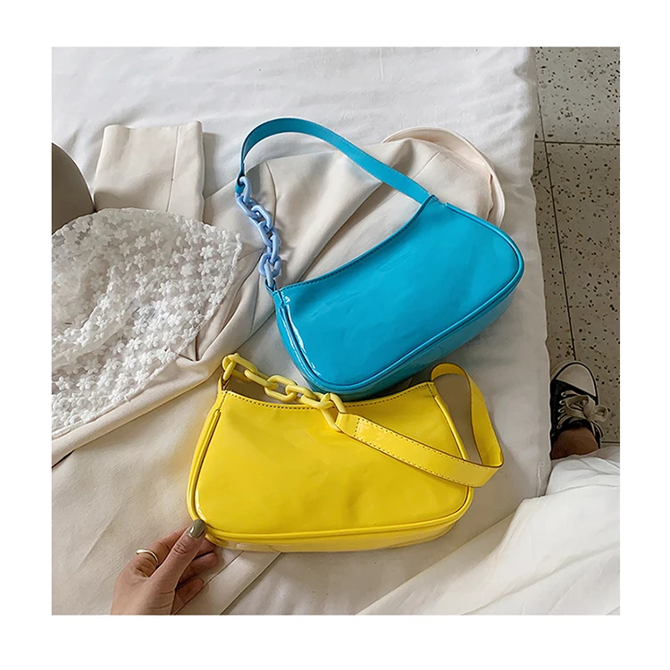 

2021 Summer Patent Leather Armpit Bags Designer Macron Color Acrylic Chain Shoulder Underarm Bags Luxury Handbags For Women Tote