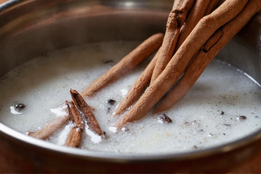 Close-up of cinnamon sticks simmering in milk with black tea leaves in a traditional Indian kulhar