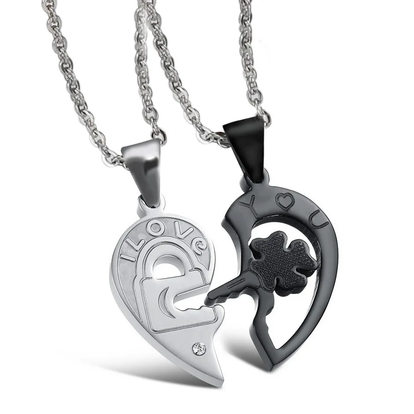 

Classic Design Letters Lock Key Matching Couple Necklace Titanium Steel Lock Key Puzzle Necklace For Lovers, As pictures