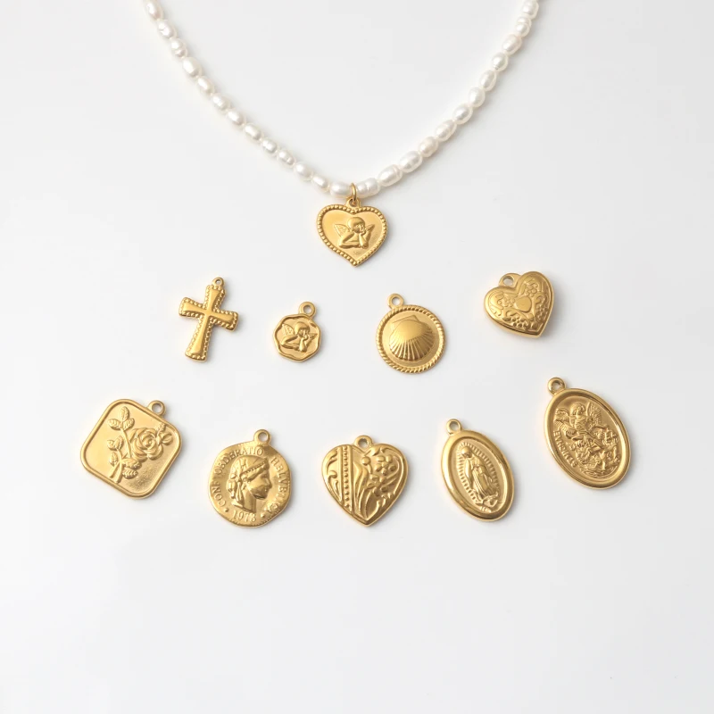 

10 Pendants Natural Freshwater Pearl Necklaces Flower Love Heart Cupid Coin Necklaces Jesus Cross Stainless Steel Necklace 2021, Gold