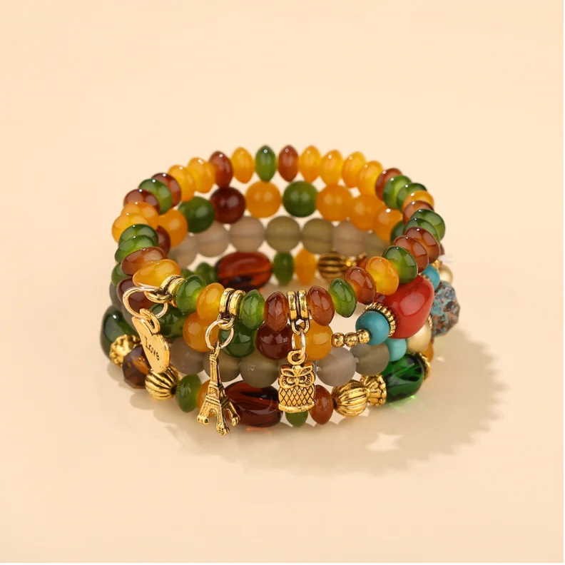 

Classic Boho Glass Bead Women Bracelet Charm Fashion Tower Owl Love Pendant Multilayer Bead Bracelets Set Wholesale