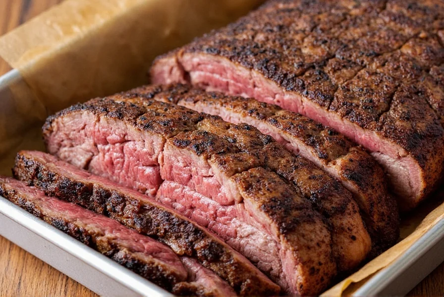 Sliced brisket with thick bark and smoke ring