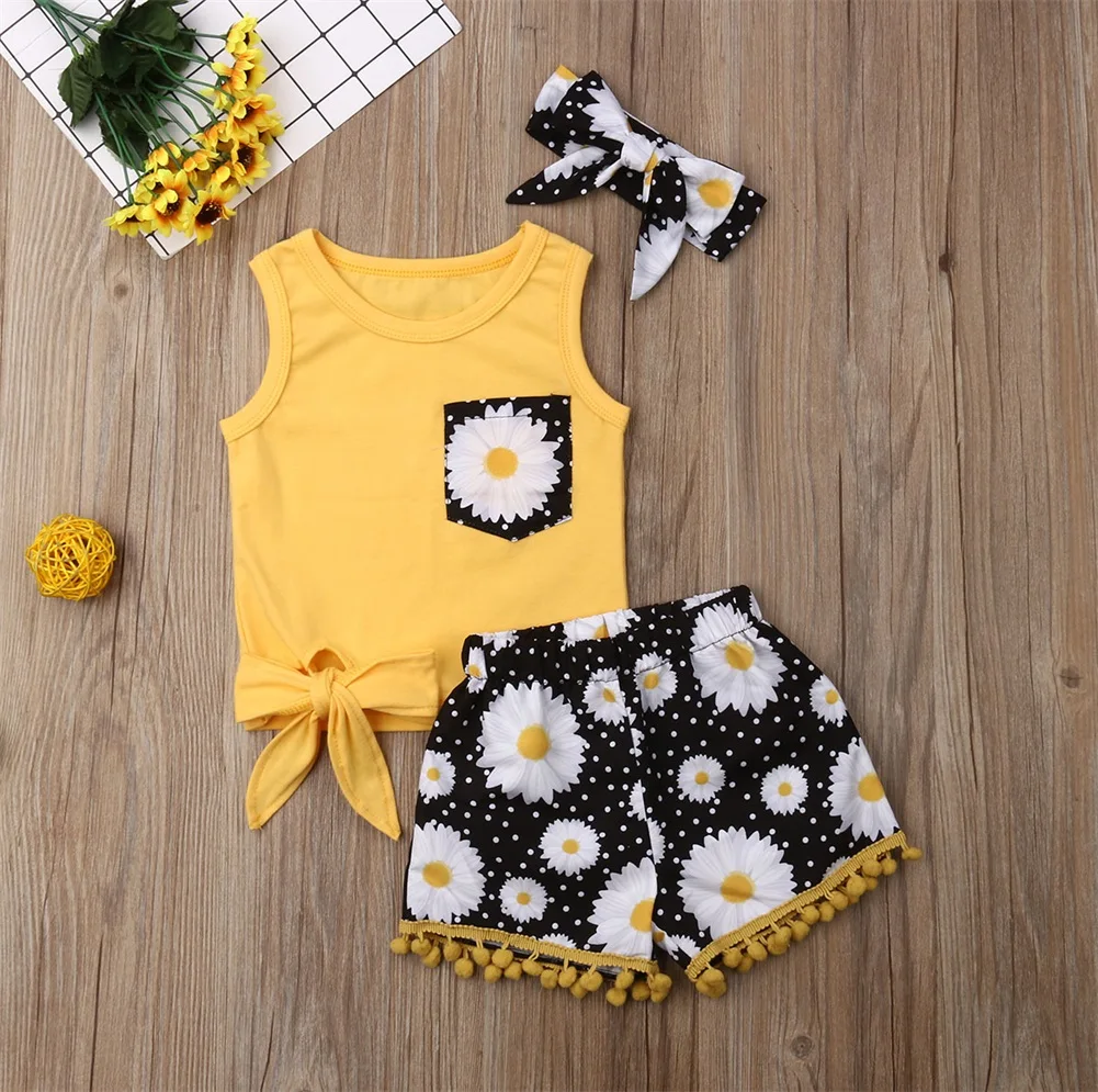 

Casual Kids Girl Clothes Yellow Sleeveless Tops T-Shirt Floral Shorts Headwear 3pcs Outfits Sets Kids Clothes