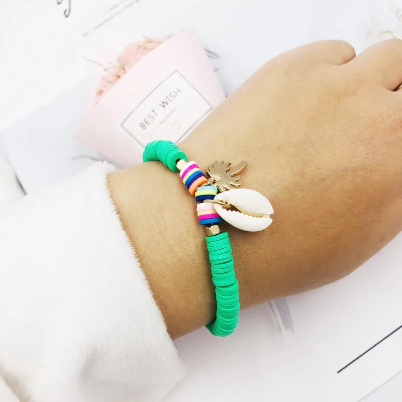 

New Arrival Boho fashion colorful soft clay shell coconut palm charm bracelet for women kids children beach jewelry gifts